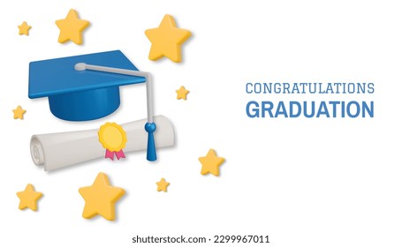 Felicidades por el diseño de fondo vectorial de bienvenida de graduación. Ilustración vectorial. Felicitaciones a los graduados texto con gorra de mortero 3d y estrella de oro para los mensajes de la ceremonia de graduación