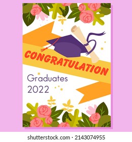 Congratulations graduation at university or college. Celebrating school ceremony, bachelor degree, high studies diploma, academic students hat cartoon vector illustration
