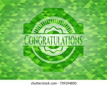 Congratulations green emblem. Mosaic background