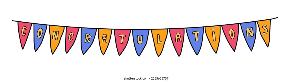 Congratulations greeting banner doodle vector illustration isolated. Cute hand drawn cartoon style festive flag garland for happy celebration. Congratulations festoon bunting hanging party decor.