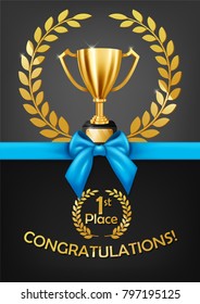 Congratulations greeting card with blue bow and golden trophy. Vector Illustration