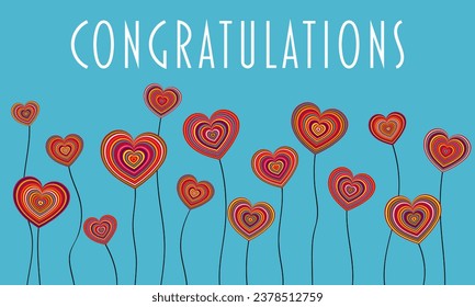 Congratulations. Greeting card with colorful heart flowers in a light blue background.