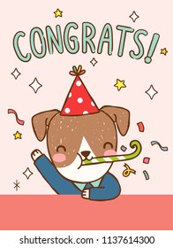 Congratulations greeting card. Cute cartoon jack russell terrier dog cerebrating with text Congrats. Greeting card, postcard, poster. Flat design. Colored vector illustration.