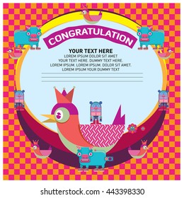 Congratulations, greeting card design template. Colorful and fun vector greeting card with cute character and cartoon