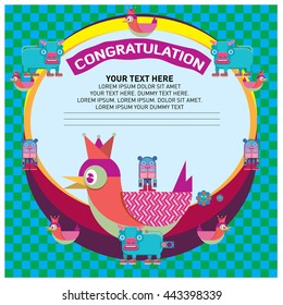 Congratulations, greeting card design template. Colorful and fun vector greeting card with cute character and cartoon