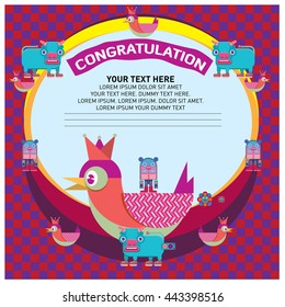 Congratulations, greeting card design template. Colorful and fun vector greeting card with cute character and cartoon