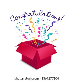 Congratulations greeting card with open gift box, ribbons and confetti isolated on white backgrouns. Vector gift concept. Suprise box illustration design.