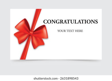 Congratulations greeting card with red ribbon bow and black text on white background.