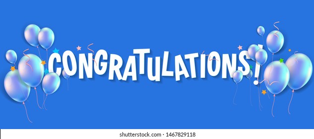 congratulations greeting colorful with balloon and confetti. lettering text colorful banner on blue background  - Vector