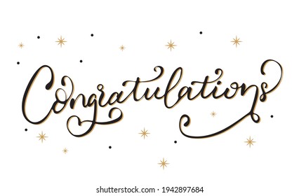 Congratulations greeting sign. Congrats Graduated. Handwritten modern brush lettering with golden stars and academic cap. Text for card, T-shirt print, banner, poster. Isolated vector