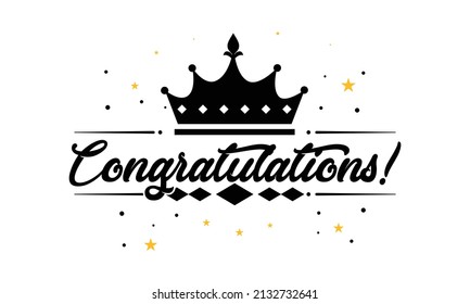 "Congratulations!" greeting sign. Congrats Graduated. Handwritten modern brush lettering with golden stars. Text for card, T-shirt print, banner, poster. Isolated vector
