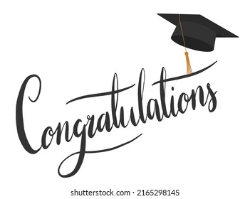 "Congratulations!" greeting sign. Congrats Graduated. Handwritten modern brush lettering with golden stars and academic cap. Text for card, T-shirt print, banner, poster. Isolated vector