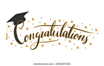 ¡Felicitaciones! señal de saludo. Felicitaciones Graduadas. Grabado a mano con letras modernas de pincel con tapa académica. Texto para tarjeta, estampado de camisetas, pancarta, afiche. vector