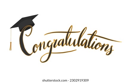 Congratulations! greeting sign. Congrats Graduated. Handwritten modern brush lettering with academic cap. Text for card, T-shirt print, banner, poster. vector