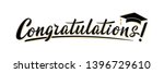 Congratulations! greeting sign for graduation party in university, school, academy. Handwritten brush lettering with academic cap. Vector design for congratulation ceremony, invitation card, banner