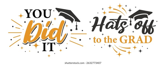 Congratulations! greeting sign for graduation party in university, school, academy. Handwritten brush lettering with academic cap. Vector design for congratulation ceremony, invitation card, banner