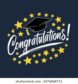 "Congratulations!" greeting sign with mortar board.  Graduation concept. Handwritten modern brush lettering with golden stars and academic cap.  Isolated vector