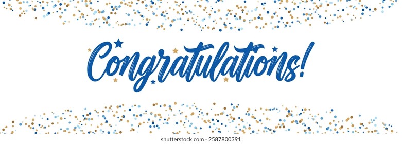 Congratulations greetings banner with blue and gold confetti star
