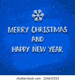 Congratulations grunge winter vector card, hand drawn text on grunge blue textured background,  Merry Christmas and Happy New Year