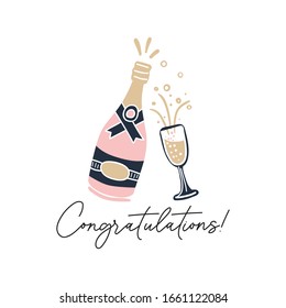 Congratulations Hand Drawn Greeting Card Vector Illustration. Pink Bottle With Champagne And Glass Flat Style Design. Cheers And Celebration Event Concept