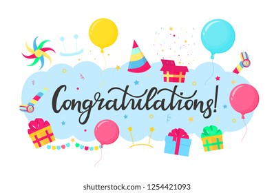 Congratulations hand lettering. Festive inscription for New Year, Christmas, birthday, anniversary, baby shower. Celebration card with balloons, garland, gifts.