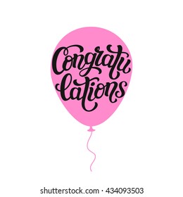 Congratulations. Hand lettering typography word on air balloon silhouette. For birthday greeting cards, posters, banners, party or home holiday decoration. Vector illustration