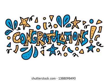 Congratulations.  Handdrawn text for holiday design. Vector stylized lettering with confetti decorations.