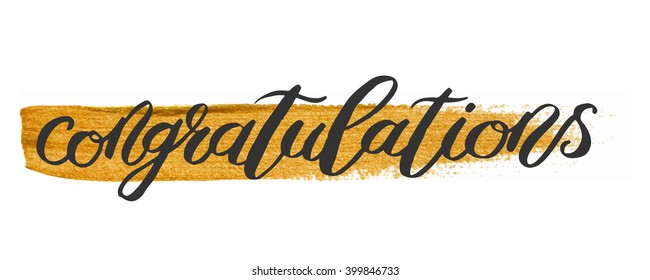 "Congratulations" handwritten lettering with golden decoration. Template for your design.