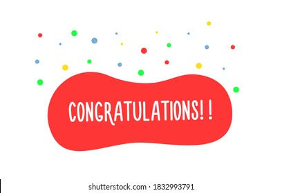 Congratulations handwritten text in red liquid shape with colorful confetti. Vector graphic design element banner for greetings, prizes, awards, graduations, achievements