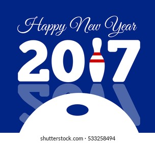 Congratulations to the happy new 2017 year with a bowling and ball. Vector flat illustration