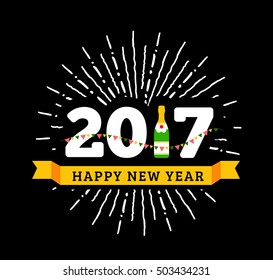 Congratulations for happy new year 2017 with a bottle of champagne, flags
