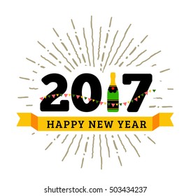Congratulations for happy new year 2017 with a bottle of champagne, flags