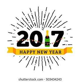 Congratulations for happy new year 2017 with a bottle of champagne, flags
