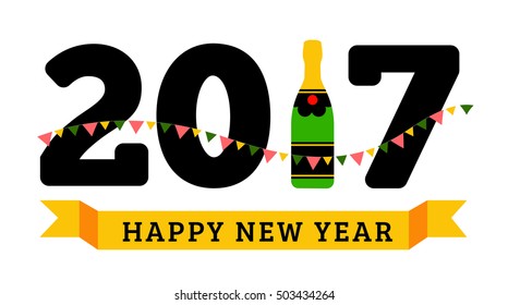 Congratulations for happy new year 2017 with a bottle of champagne, flags
