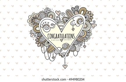 Congratulations Heart Hand Drawn Heart doodle vector illustration with the word congratulations surrounded by hearts, swirls, beads and abstract shapes for wedding or engagement.