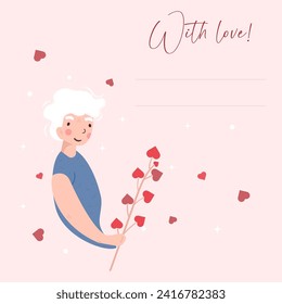 Felicitaciones con la imagen de un hombre enamorado, un hombre, con una camiseta azul con una rama original con los corazones rojos en la mano. Inscripción con amor.