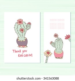 Congratulations, invitation for an anniversary, a wedding. Thanks. Set. Cactus. Template. Doodle, sketch