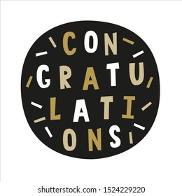 Congratulations label design, circle label for gift wrapping with abstract sprinkles. Black round frame with gold and white hand drawn typography lettering art.
