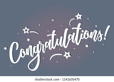 Congratulations lettering card, banner. Beautiful greeting scratched calligraphy white text word stars. Hand drawn invitation print design. Handwritten modern brush blue background isolated vector