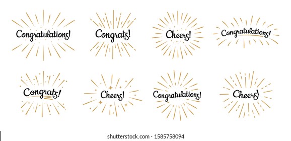 Congratulations lettering. Congrats label, cheers celebration and congratulation text badges with golden burst. Congrats quotation card. Isolated vector symbols set