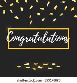 Congratulations lettering in gold frame and glitter confetti. Vector illustration greeting card