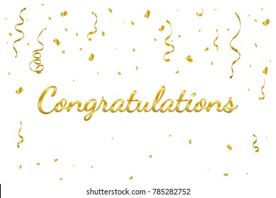 Congratulations Lettering With Golden Confetti And Streamer Ribbon. Vector Illustration