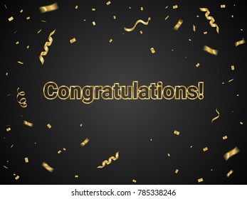 Congratulations Lettering With Golden Confetti And Streamer Ribbon. Vector Illustration