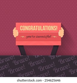 Congratulations Lettering Signboard Hold Hand Flat Vector Design