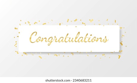 Congratulations Lettering Text And White Frame With Golden Confetti Ribbons Falling On Background. Celebration Event. Happy Birthday. Vector Illustration