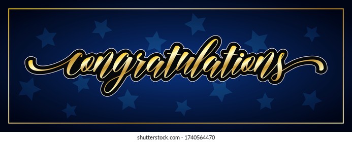 Congratulations lettering vector for greeting cards, poster design. Text in gold with black outline on dark blue background with star texture. Vector illustration.