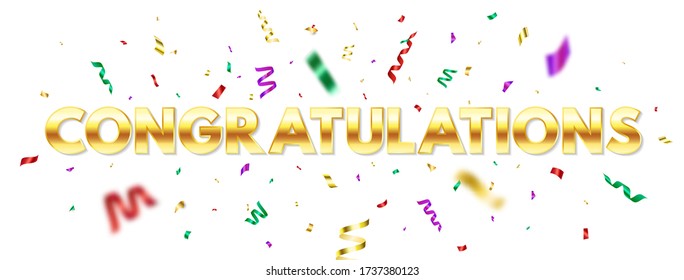 Congratulations long banner with golden text and color confetti. Party decoration. Congrats greeting card on white background. Gold foil texture with glitter. Vector illustration.