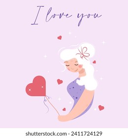 Congratulations, a manifestation of feelings, a girl in love, a woman in a purple dress, full of love, experiences, she is happy, showing care and the inscription I love you