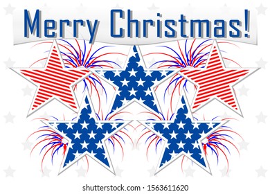 Congratulations Merry Christmas in American style, congratulation banner on the background of American stars and flag. Traditional family holiday concept