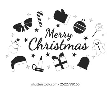 Congratulations Merry Christmas black and white 2D illustration concept. Xmas ornaments Yuletide adornments outline postcard isolated. Gift, candle, Santa hat, candies metaphor monochrome vector art